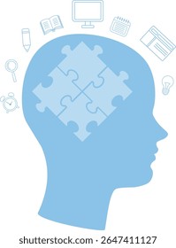 Silhouette of blue human head with puzzle pieces and science icons of book, light bulb, magnifying glass etc. Abstract conceptual illustration for education, brain, memory, research, and knowledge.
