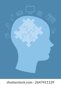 Silhouette of blue human head with puzzle pieces and science icons of book, light bulb, magnifying glass etc. Abstract conceptual illustration for education, brain, memory, research, and knowledge.