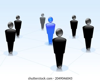 Silhouette of a blue key man surrounded by a social network