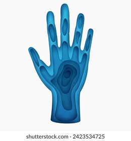 Silhouette blaue offene menschliche Hand mit fünf Fingern in kreativem 3D-Layer-Stil. Moderne minimale Concept Art. Vektorgrafik.