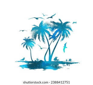 Silhouette of a blue palm tree on a white background with seagulls. hand drawing. Not AI. Vector illustration