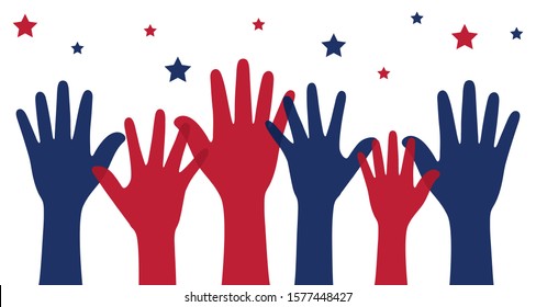 Silhouette of blue and red colored raising hands as United States of America Flag symbol.  United States elections concept.