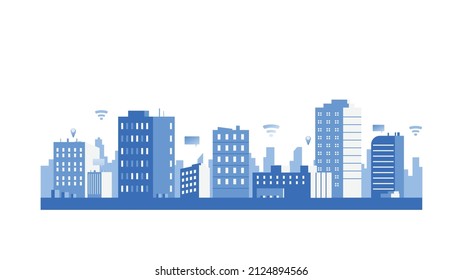 silhouette blue smart city building in flat illustration vector, urban cityscape design for background