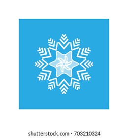 Silhouette blue snowflake in blue square. Snowflake icon. Snow flake sign. Symbol of winter, decoration and Christmas holiday season. Isolated design graphic element. Flat vector illustration