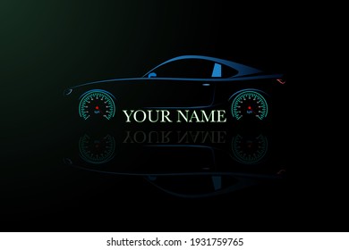 Silhouette of blue sports car on black background for decoration, card, business card, vector art.