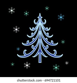 Silhouette blue spruce and snowflake on black background.Christmas tree sign. Colorful template for prints, card, wallpaper. Isolated graphic element. Flat design vector image. Vector illustration