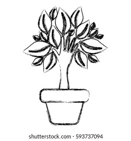 silhouette blurred palm with trunk in hands shape in pot vector illustration