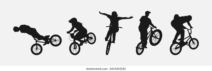 Silhouette of BMX Bicycle Players. Sport, Competition, Hobby, Youth. isolated on white background. Vector Illustration.