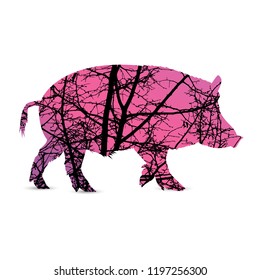 Silhouette of boar with branches of trees without leaves. Pink tones of sky Japanese style.