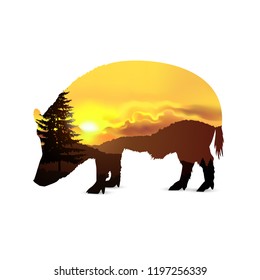 Silhouette of boar with coniferous trees and mountains. Sunset. Golden tones.