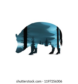Silhouette of boar with night sky, sunset and trunks. Abstract blue tones.