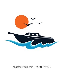 Silhouette Boat with abstract wave for brand identity boating business. Vector illustration