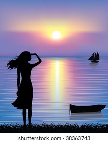 Silhouette of a boat and a graceful woman watching a ship at the sea with a beautiful sunset.