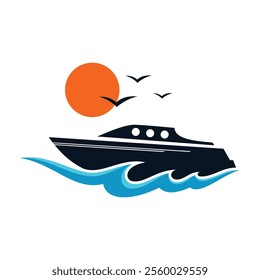 Silhouette Boat logo for brand identity boating business. Vector illustration