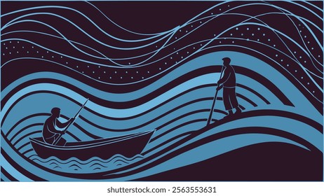 Silhouette Boat and Man on Shore with Stylized Waves