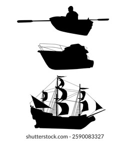 silhouette boat, ship, yacht on white background, vector