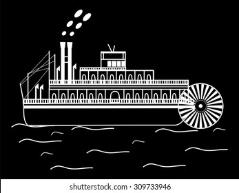 The silhouette of the boat with a water wheel water retro transport
