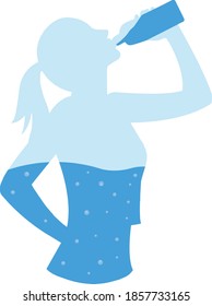 Silhouette of body woman drinking water from bottle flow into body. Illustration about healthy lifestyle.