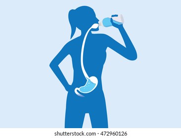 Silhouette of body woman drinking water from bottle flow into stomach. Illustration about healthy lifestyle.