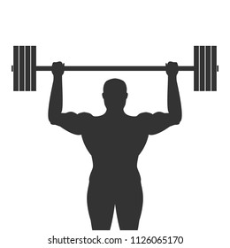 Silhouette of bodybuilder with barbell in his hands. Vector illustration.