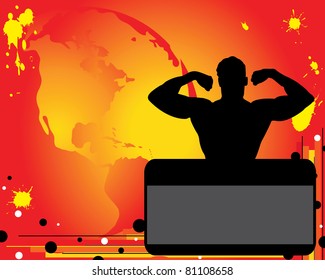 Silhouette of body-builder on red background. The Earth