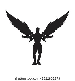 Silhouette of a bodybuilder with outstretched wings, standing in a pose of strength on a white background.