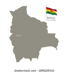 Silhouette of Bolivia country map. Gray editable map with waving national flag and La Paz city capital, South America country territory borders vector illustration on white background