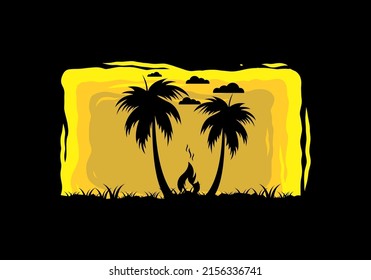 Silhouette de hogueras y cocoteros en la ilustración de la playa