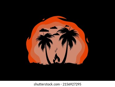 Silhouette of bonfire and coconut trees on the beach illustration