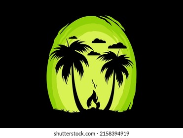 Silhouette de hogueras y cocoteros en la ilustración de la playa