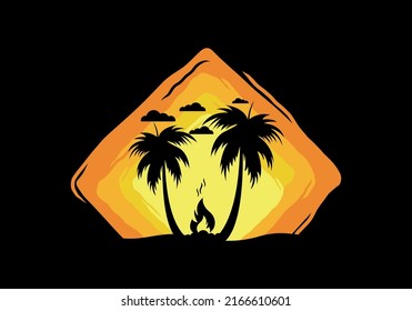 Silhouette an Feuer und Kokospalmen auf der Strandgrafik