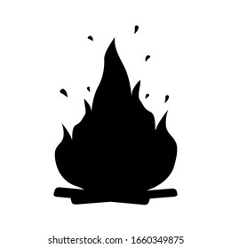 Silhouette bonfire with firewood icon. Outline logo of flame with sparks. Black simple illustration of warm, fireplace, wildlife, picnic, comfort. Flat isolated vector image on white background