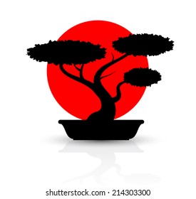 silhouette bonsai with red sun/ vector illustration eps10