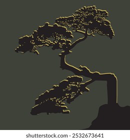 Silhouette of a bonsai tree in black and yellow colors, vector illustration for the design of prints, cards, interiors and nature-style views