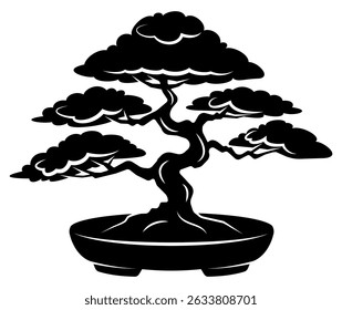 Silhouette of a bonsai tree in a pot with intricate branches and foliage.
