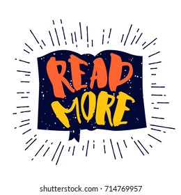 Silhouette of a book with rays and lettering text Read More. Vector color sticker.