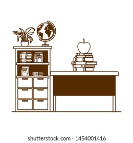 silhouette of bookshelf and desk of teacher with school books