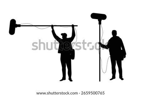 Silhouette of a Boom Microphone Operator on Film Set. Art industry and profession as a sound operator or engineer vector art