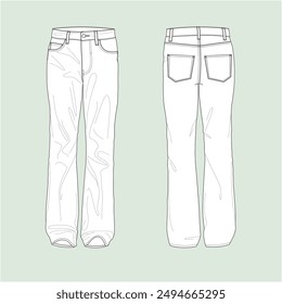 Silhouette bootcut jeans, outline bootcut jeans, outline jeans, silhouette denim, mens wear, mens fashion, 5 pocket, vector, illustration, drawing, front view, back view, denim, male, female.