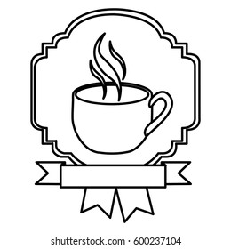 silhouette border heraldic decorative ribbon with cup and smoke coffee vector illustration