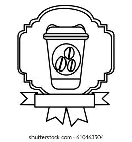 silhouette border heraldic decorative ribbon with glass disposable for hot drinks with lid vector illustration