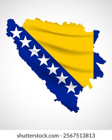 Silhouette of Bosnia and Herzegovina map filled with the national flag design, symbolizing pride, cultural heritage, and geographic identity.  
