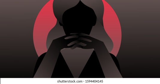 Silhouette of bossy woman with shadowed face and hands with crossed fingers. Concept minimal vector ilustration of manipulator, sociopath, "dark horse" personage in suspense atmosphere.