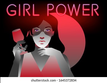 Silhouette of bossy woman with shadowed face, Neon sign "Girl Power" behind her back.