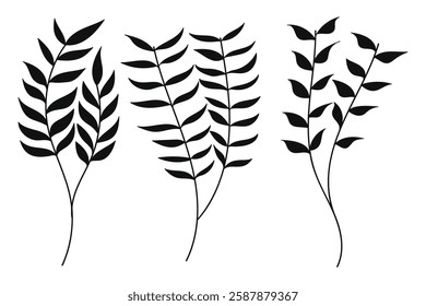 Silhouette Botanical Set.The images are minimalist, showcasing simple line drawings of plants with leaves and stems.Vector illustration