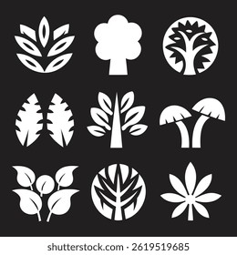 Conjunto gráfico de árbol y hoja botánica de silueta