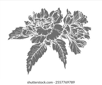 Silhouette botanische Vektorgrafik der Blume mit Blättern. Handgezeichnetes Blumenelement mit einem Buschzweig. Perfekt für die Erstellung von Grafikressourcen im Inversionsstil und Verpackungsdesign.