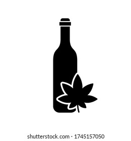 Silhouette bottle with cannabis leaf. Outline oil or drink with marijuana icon. Black illustration of herbal tincture, natural beverage. Flat isolated vector emblem, white background. Packaging design