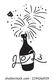 Silhouette of a bottle of champagne with a flying cork. Uncorking a bottle of alcohol to celebrate an important event. Celebrating new year 2023 and christmas with sparklers. Salute from a bottle.