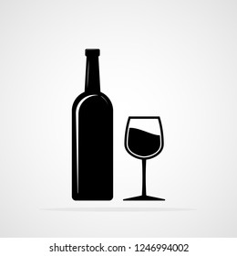 Silhouette of a Bottle and a Glass of wine. Vector illustration. Black bottle and glass of alcohol